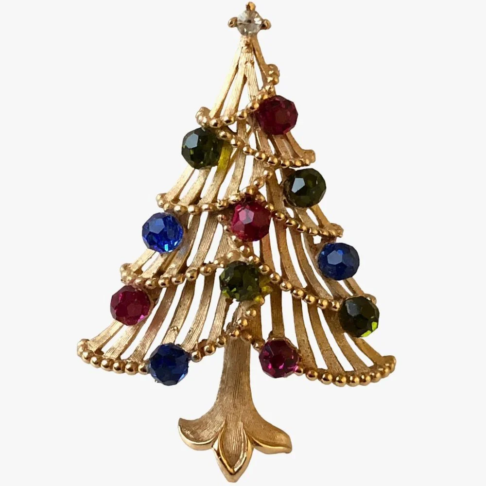 Trifari Vintage Crown Goldtone Multi-Color Rhinestone Christmas Tree Brooch